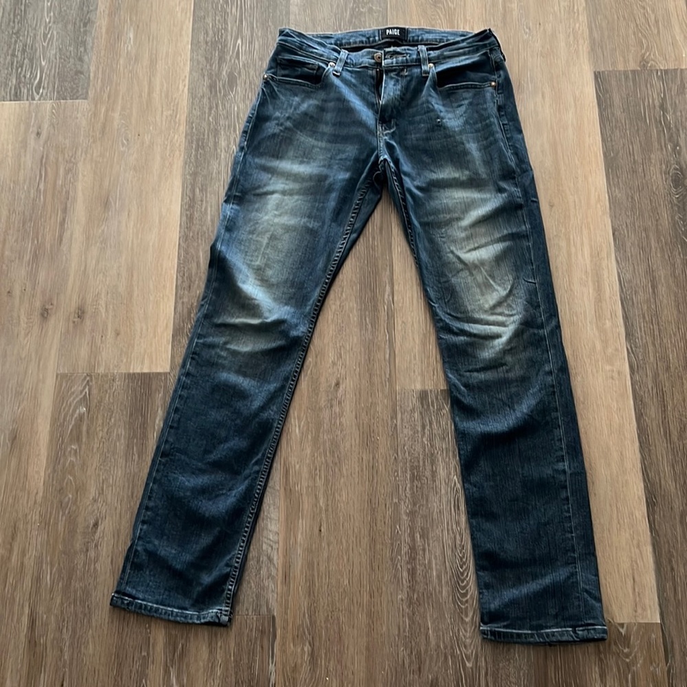 Dark wash men’s PAIGE slim fit Federal jeans